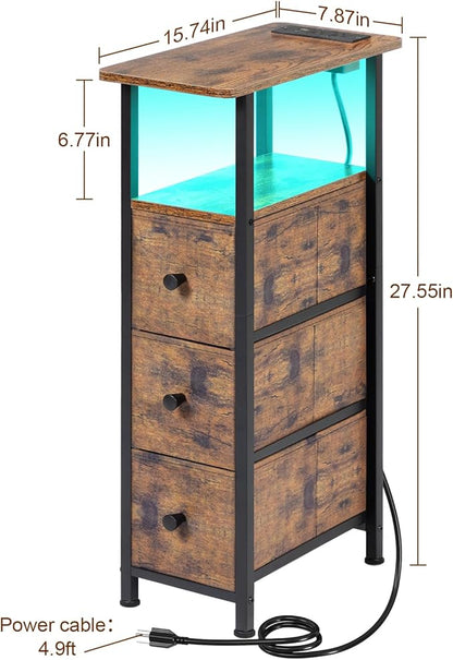 LOAKEKEL Narrow End Tables Living Room Set of 2 with Charging Station, Skinny Side Table with Fabric Drawers, Slim LED Nightstand for Bedroom, Small Spaces, Couch, Rustic Brown, HETNDP03LPBR