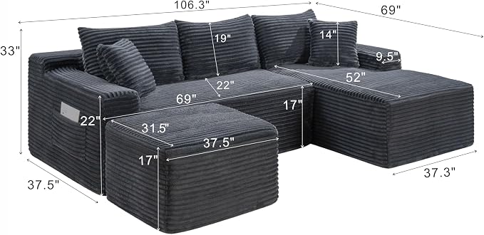 106-Inch Oversized U-Shaped Right Facing Corner Compressed Sofa Modular Boneless Cloud Sectional Sofa Floor Foam Couch W/Chaise & Ottoman, Corduroy Corner Boneless Cloud Couch