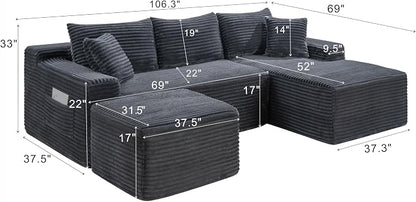 106-Inch Oversized U-Shaped Right Facing Corner Compressed Sofa Modular Boneless Cloud Sectional Sofa Floor Foam Couch W/Chaise & Ottoman, Corduroy Corner Boneless Cloud Couch