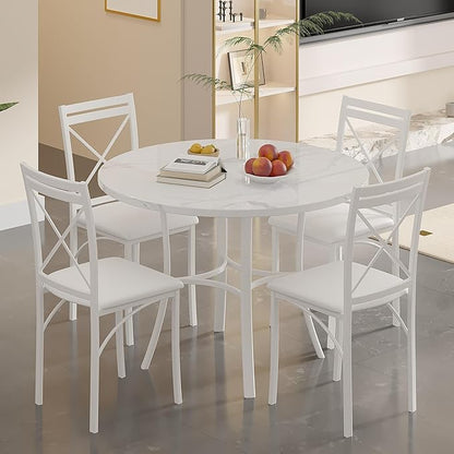 VECELO 36" Round Dining Table for 4, Faux Marble Dinette with Metal Frame for Kitchen, Apartment, Home, Space-Saving, Off White