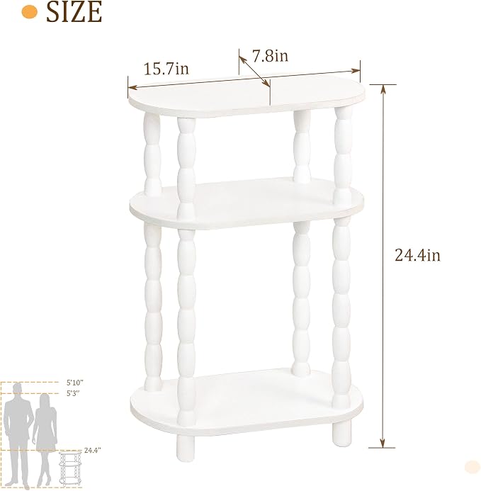 MaxSmeo Narrow Side Table, Small End Table with 3-Tier Open Shelf, Slim Bedside Table Nightstand for Small Spaces, Bedroom, Living Room (White)
