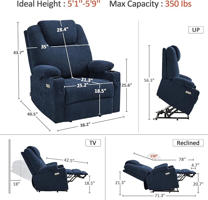 MCombo Power Lift Recliner Chair for Elderly R7045(Admiral, Medium-Wide) | Heat and Massage, Breathable Fabric, USB& Type C Charging Port, FSC Certified