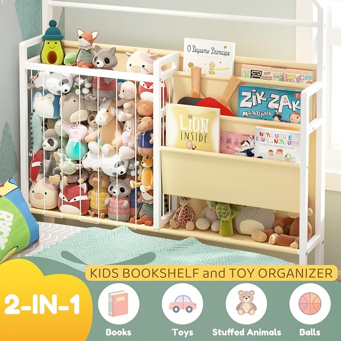 Timy House Bed Metal Montessori Bed with Stuffed Animal Storage & Bookshelf | Stuffed Animal Storage & 3-tier bookshelf. Includes detachable bedside caddies for an all-in-one book storage solution.