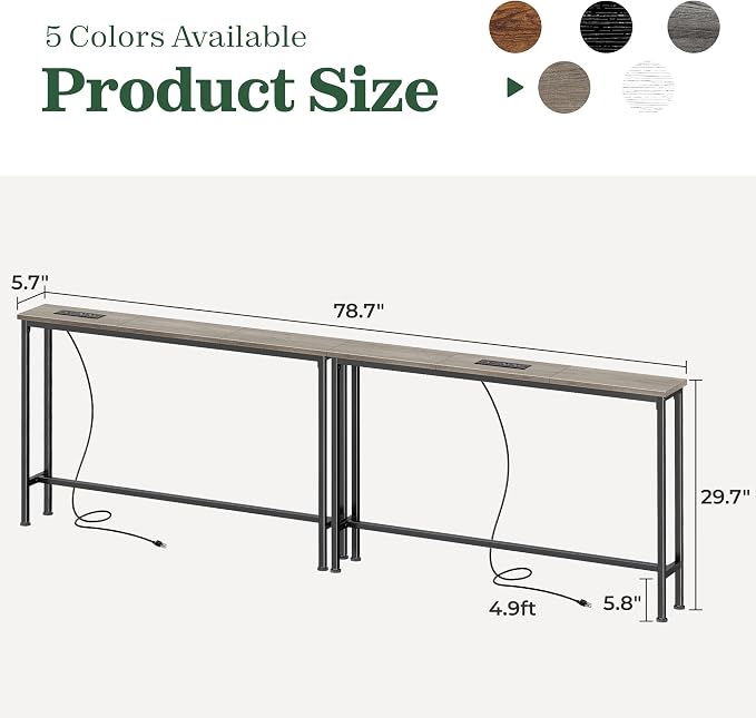 SUPERJARE 78.8 Inch Narrow Console Table with Outlet, Sofa Tables, Behind Couch Table, Long Entryway Tables with Charging Station, for Living Room, Oak