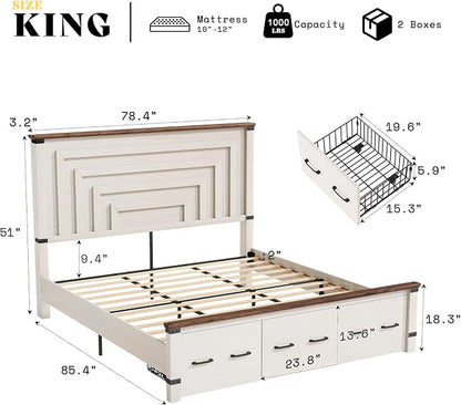 AMERLIFE 2 Pieces Farmhouse Bedroom Set, Includes Wood Rustic King Size Bed Frame with 51" Tall Headboard, 48" Tall 5 Drawers Dresser Chest, Heavy Duty Thick Plank Styling, Antique White
