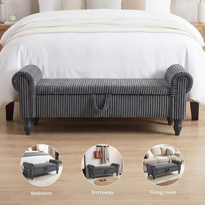 55" Bench for End of Bed Storage Benches, Queen End of Bed Bench Corduroy Upholstered Storage Ottoman Window Bench with Storage, for Bedroom, Entryway, Closet, Dark Grey