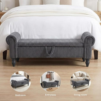55" Bench for End of Bed Storage Benches, Queen End of Bed Bench Corduroy Upholstered Storage Ottoman Window Bench with Storage, for Bedroom, Entryway, Closet, Dark Grey