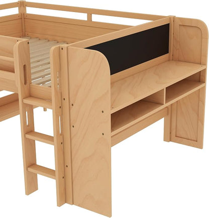Bellemave Full Size Low loft Bed with Desk and bookcases, Boxes and Drawers for Kids,Wood Modern Farmhouse Kids Loft Beds with Shelf, Natural