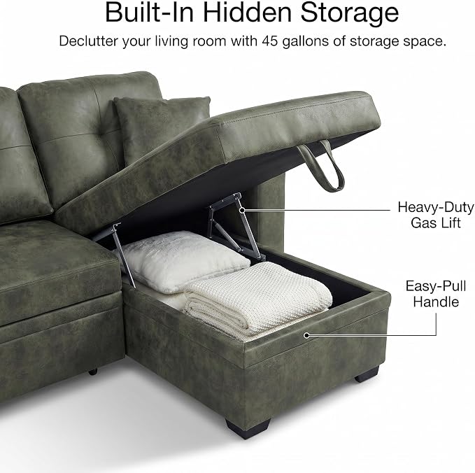 TYBOATLE Convertible Sofa Bed Couch with Reversible Storage Chaise, 71" L Shaped Pull Out Couch Bed, Comfy Linen Fabric Sleeper Sofa for Living Room, Apartment & Guest Room (Green)