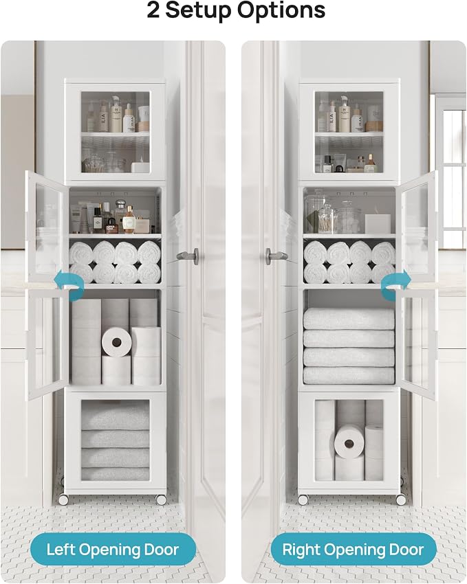Vtopmart 63.2" Tall Slim Bathroom Storage Cabinet with 4 Adjustable Shelves and 4 Doors, Freestanding Cabinets Organizer with Wheels and Anti-tip for Laundry, Kitchen, Pantry, White