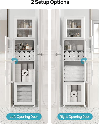 Vtopmart 63.2" Tall Slim Bathroom Storage Cabinet with 4 Adjustable Shelves and 4 Doors, Freestanding Cabinets Organizer with Wheels and Anti-tip for Laundry, Kitchen, Pantry, White