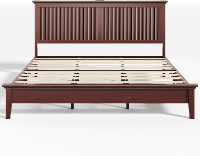 Lifezone King Bed Frame with Headboard, Solid Wood Bed Frame King Size with Charging Station & RGB LED, Wood Slats Support, Noise-Free, Sturdy Structure, Easy Assembly, Mahogany