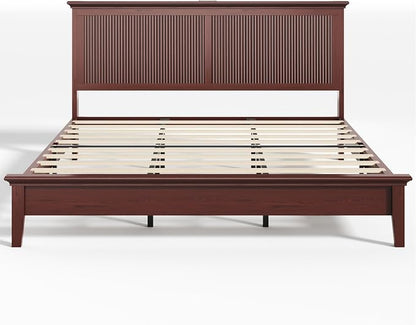 Lifezone King Bed Frame with Headboard, Solid Wood Bed Frame King Size with Charging Station & RGB LED, Wood Slats Support, Noise-Free, Sturdy Structure, Easy Assembly, Mahogany