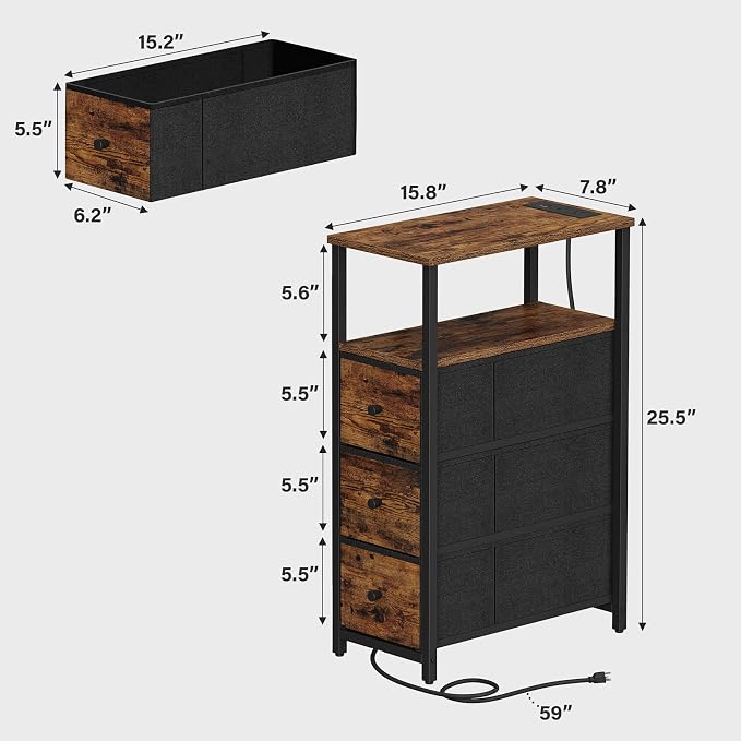 TUTOTAK Narrow LED Night Stand with Charging Station, Slim End Table with Plugins, Tall Side Table with 3 Fabric Drawer, Small Bedside Table with Storage, for Living Room, Brown TB01BB086L