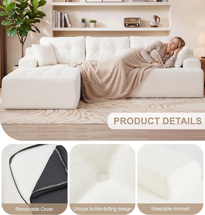 Hobestluk Modular Sectional Sofa Couches L-Shape Couch 3 Seat Modular Sofa Memory Foam Sectional Couches for Living Room, Cloud Couch with Oversized Chaise (White Tufted, 108", Left Hand Facing)