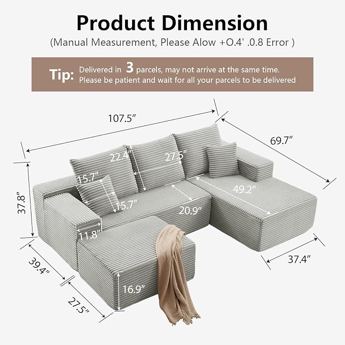 107" Comfy U-Shaped Sectional Modern Boneless Corduroy Couch with Chaise - No Assembly Required! Deep-Seat, Upholstered Modular Cloud Sofa for Living Room, Plush Corduroy Fabric Grey