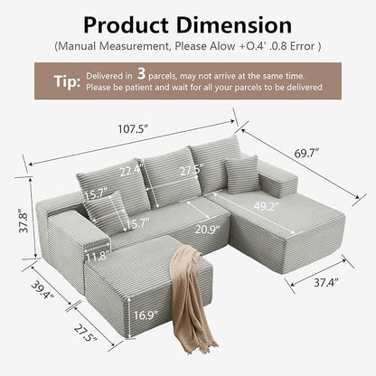 107" Comfy U-Shaped Sectional Modern Boneless Corduroy Couch with Chaise - No Assembly Required! Deep-Seat, Upholstered Modular Cloud Sofa for Living Room, Plush Corduroy Fabric Grey