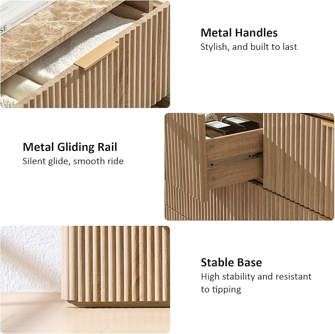 Dresser for Bedroom with 9 Drawers, 63"W Chest of Drawers, Fluted Dresser with Faux Marble Top, Curved Profile Design, Metal Handle, Wood Closet Storage Organizer for Living Room, Hallway, Natural Oak