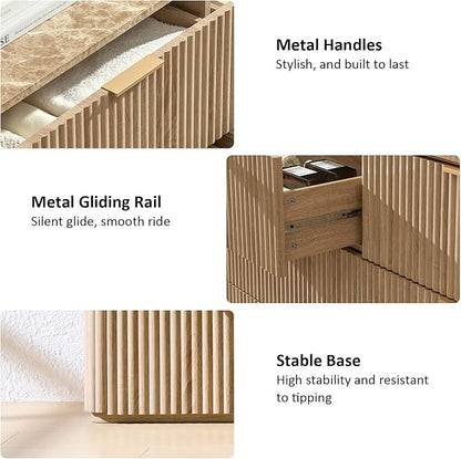 Dresser for Bedroom with 6 Drawers, 54"W Chest of Drawers, Fluted Dresser with Faux Marble Top, Curved Profile Design, Metal Handle, Wood Closet Storage Organizer for Living Room, Hallway, Natural Oak