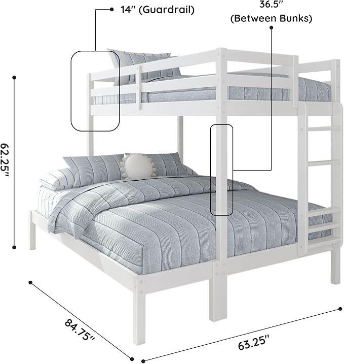 Grain & Grove Bear Twin XL Over Queen Bunk Bed, Sturdy Bunk Bed Frame for Kids, Plywood Bunk with Ladder, Guardrail, and Slats, No Box Spring Required, Brushed White