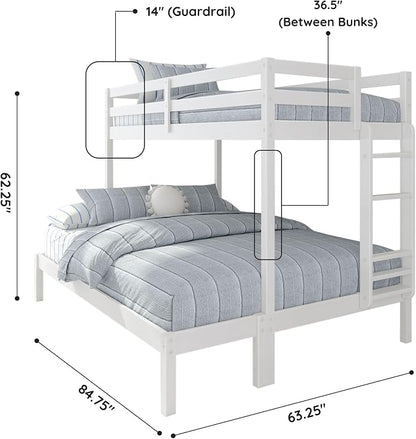 Grain & Grove Bear Twin XL Over Queen Bunk Bed, Sturdy Bunk Bed Frame for Kids, Plywood Bunk with Ladder, Guardrail, and Slats, No Box Spring Required, Brushed White