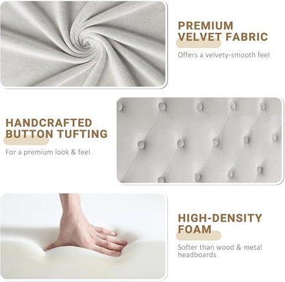 King Headboard Only, Velvet Classic Tufted Design, Light Gray | 2 installation options: 1.bed frame mount 2.wall mount (for adjustable bed), Classic hand-tufted headboard king size