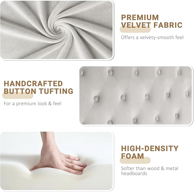 Queen Headboard Only, Velvet Classic Tufted Design, Light Gray | 2 installation options: 1.bed frame mount 2.wall mount (for adjustable bed), Classic hand-tufted headboard king size