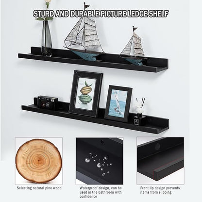 AZSKY 36 Inch Picture Ledge Shelves Set of 3, Rustic Wood Floating Shelves for Photo Frames, Nursery & Kids Book Shelves, Wall Mounted Bathroom Organizer (Black)