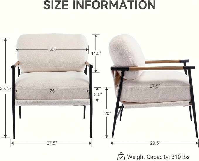 DUOMAY Mid-Century Modern Accent Chair Set of 2, Comfy Sherpa Sofa Lounge Chair Reading Corner Chair for Living Room Bedroom Office, Mid-Back Arm Chair with Black Metal Leg, White
