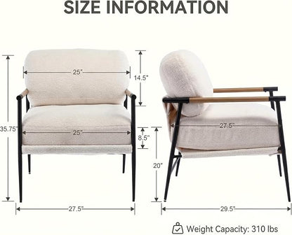 DUOMAY Mid-Century Modern Accent Chair, Comfy Sherpa Sofa Lounge Chair Reading Corner Chair for Living Room Bedroom Office, Mid-Back Arm Chair with Black Metal Leg, White