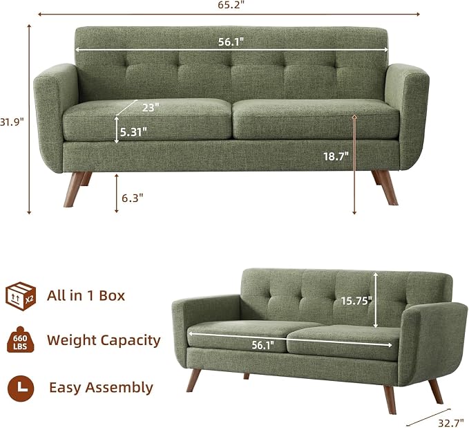 Tbfit 65" W Loveseat Sofa, Mid Century Modern Couches Love Seats for Living Room, Button Tufted Upholstered Small Couch for Bedroom, Solid and Easy to Install Love Seats Furniture, Green