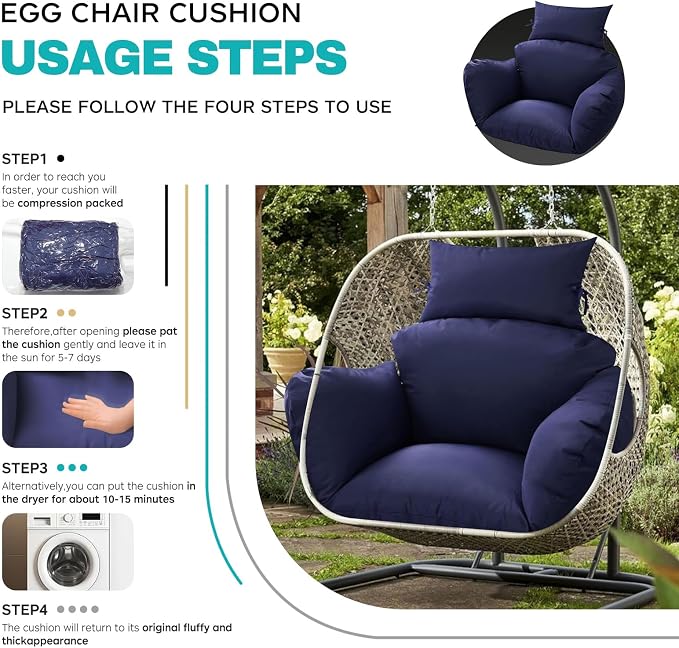 Egg Chair Cushion Replacement, Waterproof Thicken Hanging Egg Swing Chair Cushion for Outdoor Furniture, Wicker Rattan Hammock Basket Cushion with Headrest Pillow 47x31.5x4.7 inch(Blue)