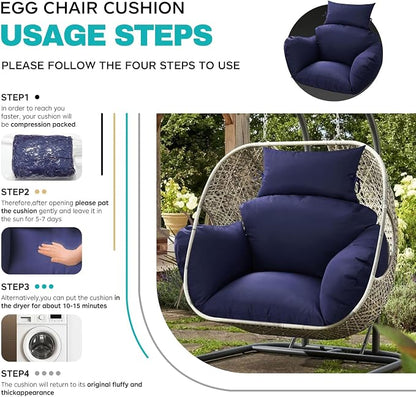 Egg Chair Cushion Replacement, Waterproof Thicken Hanging Egg Swing Chair Cushion for Outdoor Furniture, Wicker Rattan Hammock Basket Cushion with Headrest Pillow 47x31.5x4.7 inch(Blue)