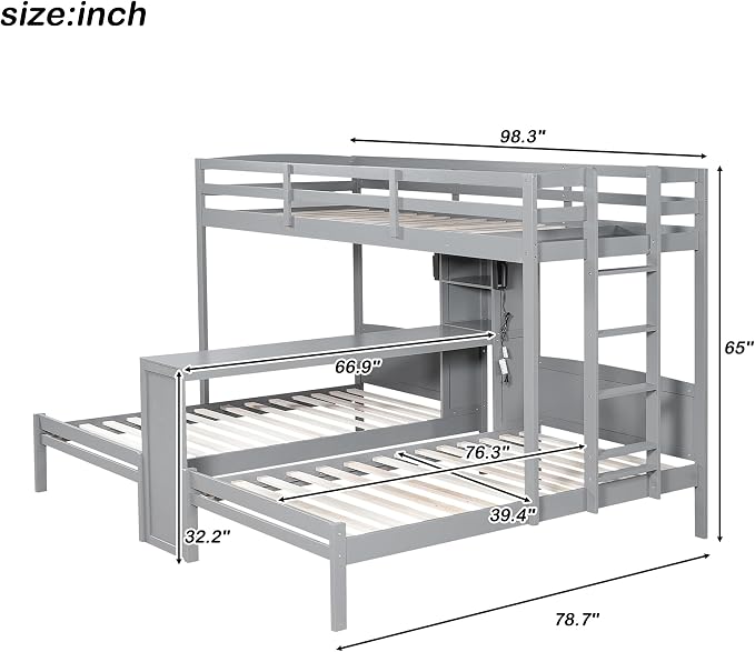 VilroCaz Twin Over Twin & Twin Bunk Bed with Built-in Desk and Storage Shelves, 3 Beds in 1 Design Solid Wood Triple Bunk Bed with Reading Lamp and Guardrails for Kids Teens Aldults (Gray-2.14)