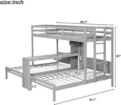 VilroCaz Twin Over Twin & Twin Bunk Bed with Built-in Desk and Storage Shelves, 3 Beds in 1 Design Solid Wood Triple Bunk Bed with Reading Lamp and Guardrails for Kids Teens Aldults (Gray-2.14)