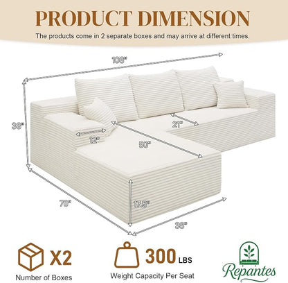 108" L Shaped Boneless Sectional Couches for Living Room, Comfy Corduroy Floor Cloud Sofa with Chaise, Wide Armrest, Deep Seat, Memory Foam, Assembly Free, Ideal for Small Spaces, White