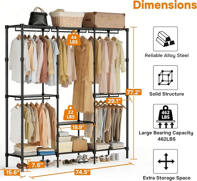 Simple Deluxe Clothes Rack, Heavy Duty Clothing Rack, 4-Shelf Portable Adjustable Wardrobe Closet with Hanging Rods, 74.2" W x 15.5" D x 77.1" H, Black