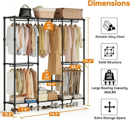 Simple Deluxe Clothes Rack, Heavy Duty Clothing Rack, 4-Shelf Portable Adjustable Wardrobe Closet with Hanging Rods, 74.2" W x 15.5" D x 77.1" H, Black