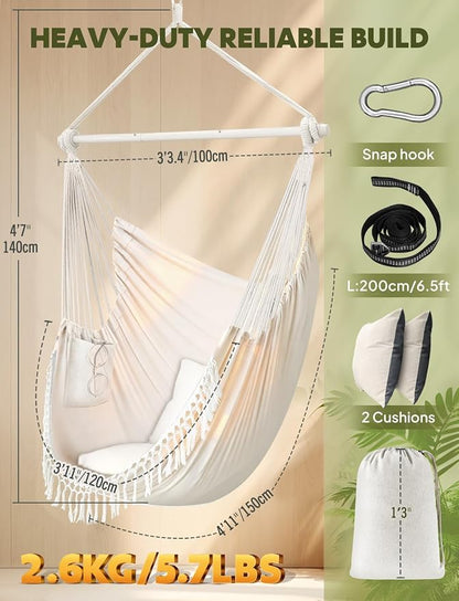 Chihee Hammock Chair 4.9ft x 3.9ft Max 500 Lbs Widen Hanging Swing 2 Cushions Included Metal Spreader Bar with Anti-Slip Grooves Portable Comfy Hanging Chair Side Pocket Bohemian Chair Indoor Outdoor