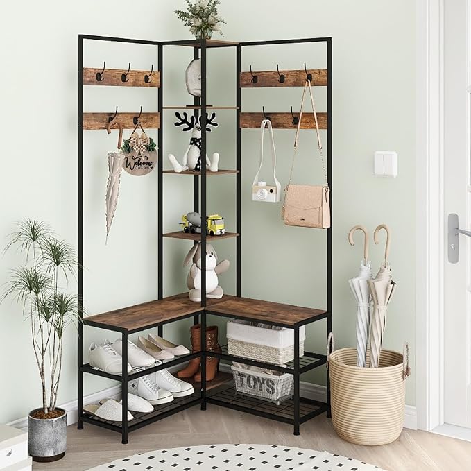 GiftGo Corner Hall Tree with Shoe Rack Storage Bench Display Open Shelves Modern Industrial Entryway Coat Rack Stand for Home Living Room Mudroom Bedroom Multifunctional 5 in 1 (Rustic Brown)