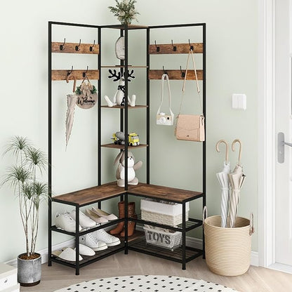 GiftGo Corner Hall Tree with Shoe Rack Storage Bench Display Open Shelves Modern Industrial Entryway Coat Rack Stand for Home Living Room Mudroom Bedroom Multifunctional 5 in 1 (Rustic Brown)