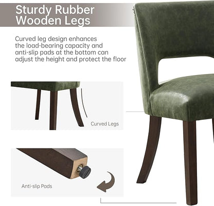 VKNOW Modern Dining Chairs Set of 2 with Rubberwood Legs, Green | Faux Leather, Curved Back, For family, Kitchen Dining Room Restaurant Reception Room, No wobble, 80% pre-installed