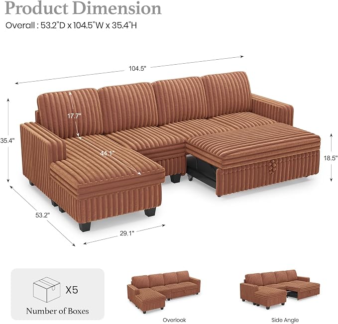 Belffin Modular Sectional Sofa with Storage Chaise Corduroy Sleeper Sofa with Pull Out Bed L Shaped Couch for Living Room. Apartment Couch. Brick-red