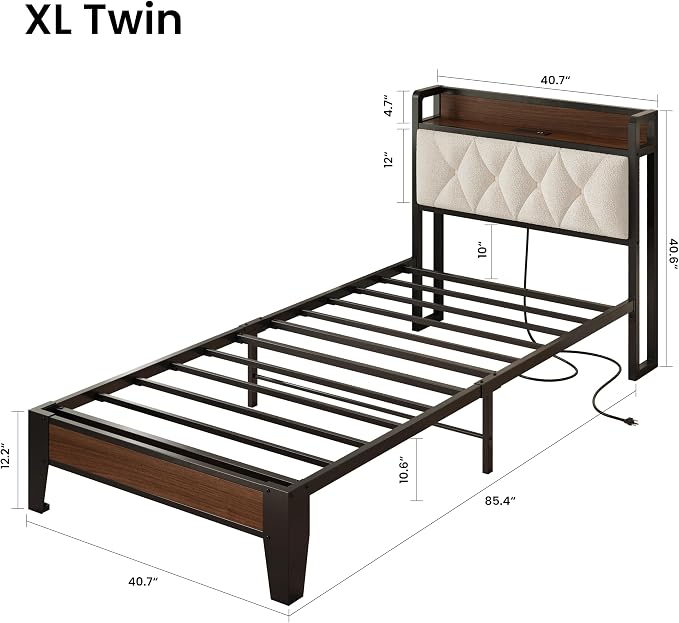 ANCTOR Twin XL Bed Frame, Storage Headboard with Charging Station, Platform Bed Frame with Strong Metal Support, Sturdy and Stable, Noise Free, No Box Spring Needed, Easy Assembly, Walnut