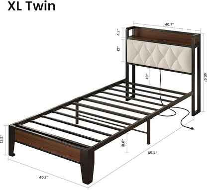 ANCTOR Twin XL Bed Frame, Storage Headboard with Charging Station, Platform Bed Frame with Strong Metal Support, Sturdy and Stable, Noise Free, No Box Spring Needed, Easy Assembly, Walnut