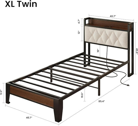 ANCTOR Twin XL Bed Frame, Storage Headboard with Charging Station, Platform Bed Frame with Strong Metal Support, Sturdy and Stable, Noise Free, No Box Spring Needed, Easy Assembly, Walnut