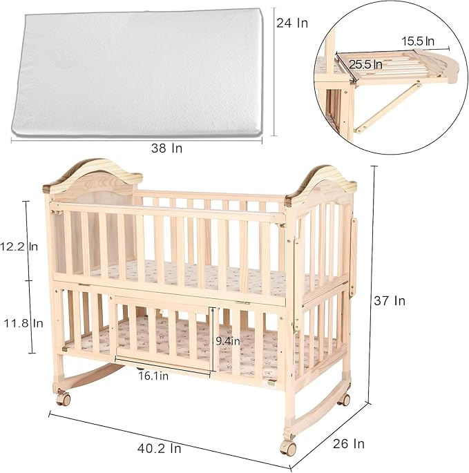 Portable Mini Baby Crib 4 in 1 Convertible with Memory Foam Mattress(38" by24) Included,cunas para Bebes 2026 Small Crib with Foldable Storage Baby Playpen Bedside Sleeper Beds(Natural Wood)