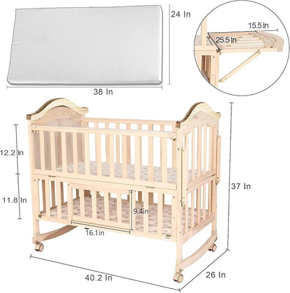 Portable Mini Baby Crib 4 in 1 Convertible with Memory Foam Mattress(38" by24) Included,cunas para Bebes 2026 Small Crib with Foldable Storage Baby Playpen Bedside Sleeper Beds(Natural Wood)