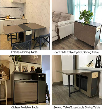 FUNROLUX Folding Dining Table with Storage Rack and 2 Drawers, Movable Kitchen Table Extendable Versatile Table Space Saving Foldable in 3 Forms (Grey)