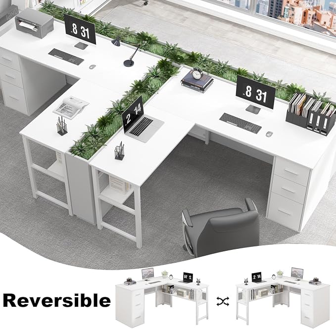 LVB Reversible L Shaped Desk with Drawers, White Computer Desk with Storage | 59" Adjustable Modern Executive Office Desks, Adjustable Corner Design for Gaming Spaces and Home Workstations